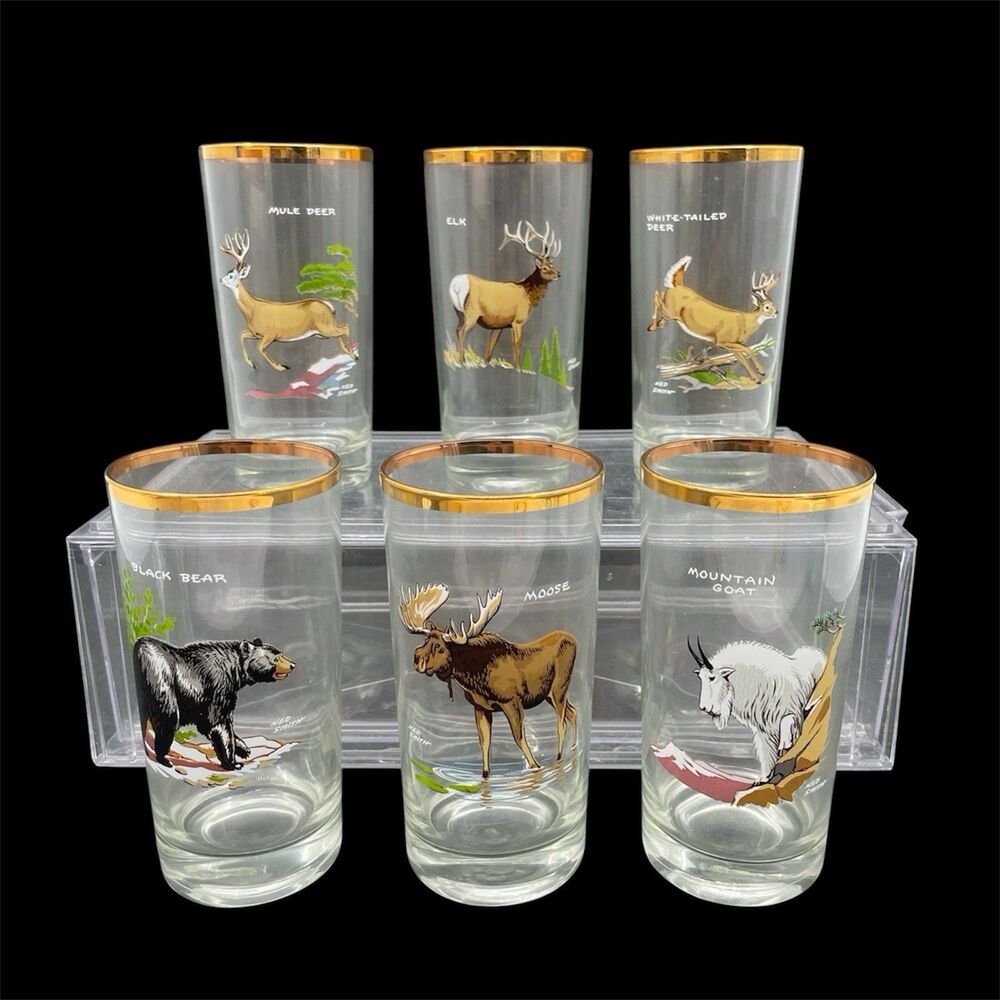 VTG Ned Smith Highball Glass Set Of 6 22k Gold Rim Big Game Wildlife 5.5" T NEW
